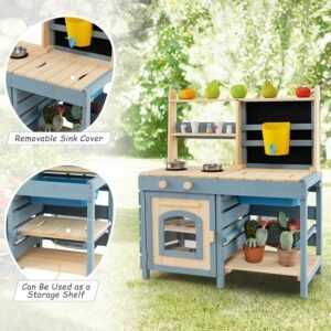 Costzon 2 in 1 Mud Kitchen, Double-sided Fir Wood Kids Kitchen Playset & Pretend...