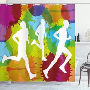 Ambesonne Fitness Shower Curtain, Runners Silhouettes on Watercolor Splashes Jog...