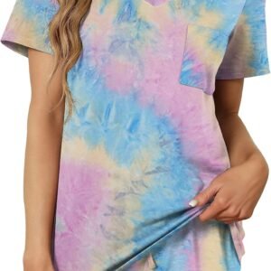 RUBZOOF Women's Short Sleeve Pajama Sets with Pockets Casual V Neck 2 Piece Loun...