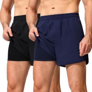 Mens Shorts 2Pack 5 Inch Inseam Athletic Drawstring Elastic Waist 2-in-1 with Li...