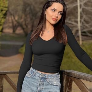 OQQ Womens 2 Piece Long Sleeve Shirts V Neck Ruched Stretch Sexy Basic Tops Fitt...