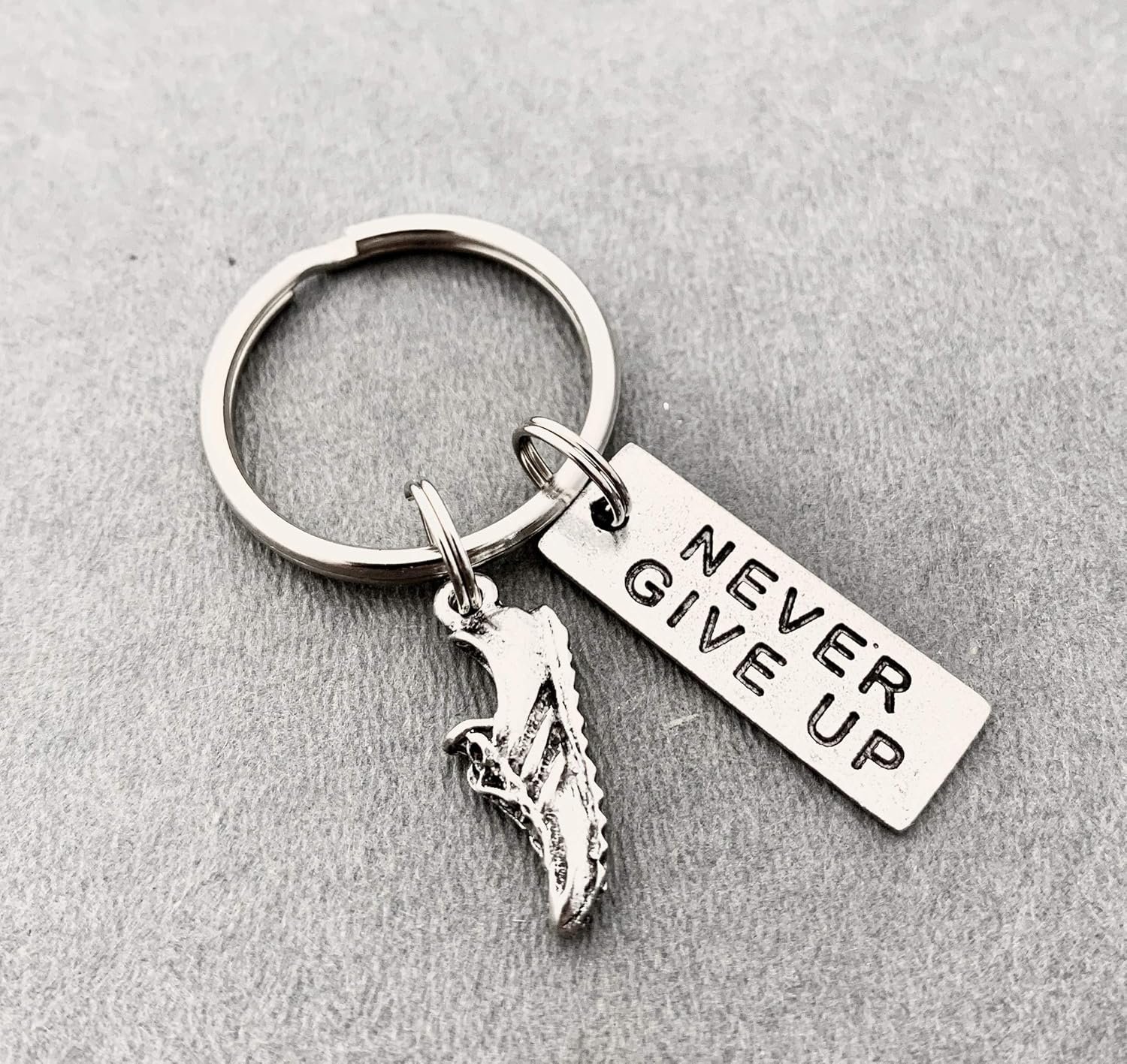Pewter RUN and NEVER GIVE UP Key Chain/Bag Tag - Running Shoe Charm and Pewter P...
