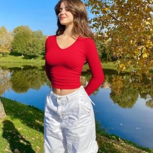 OQQ Womens 2 Piece Long Sleeve Shirts V Neck Ruched Stretch Sexy Basic Tops Fitt...