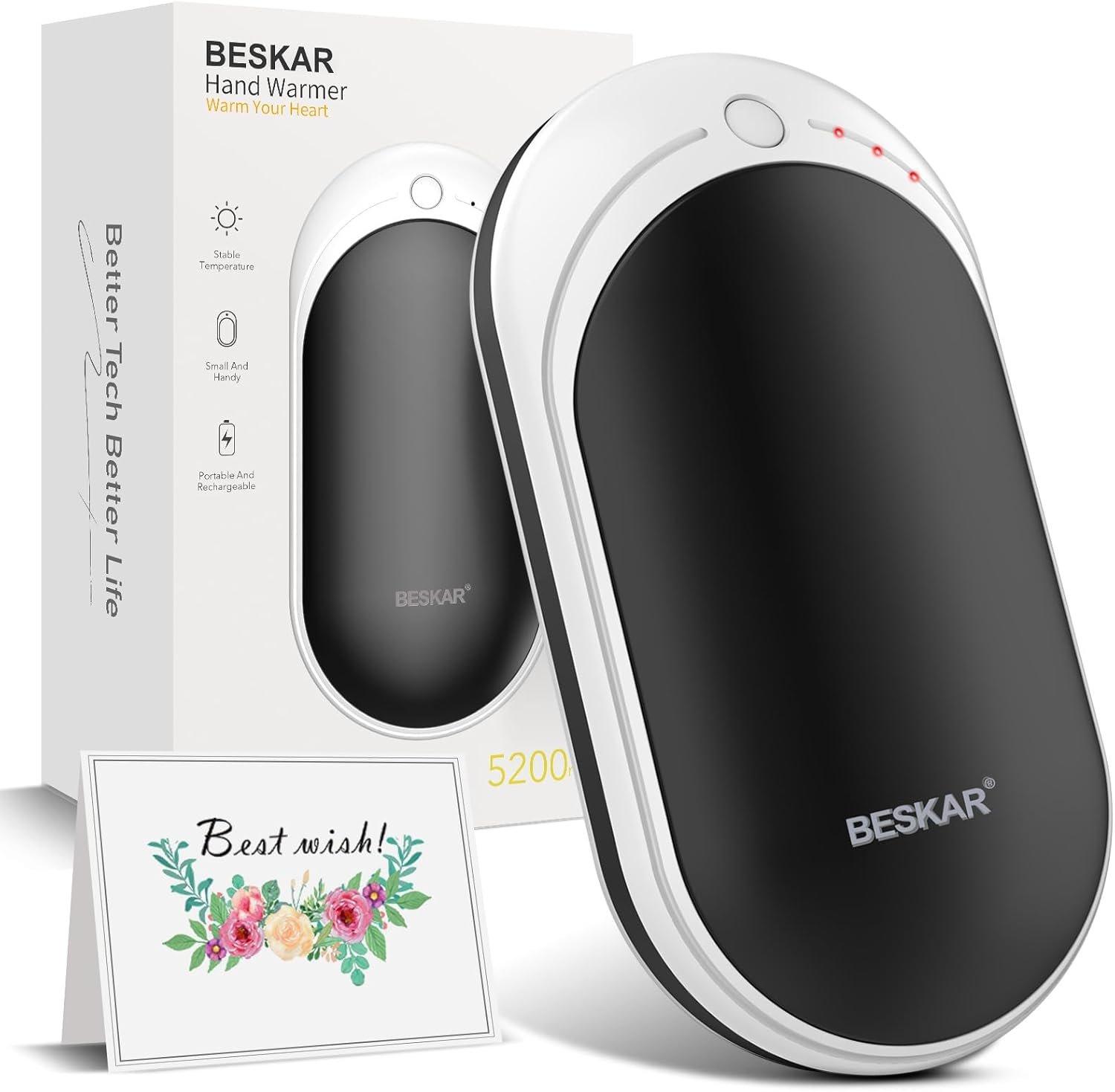 BESKAR Rechargeable Hand Warmer, 5200mAh Electric Hand Heater, Double-Sided Heat...