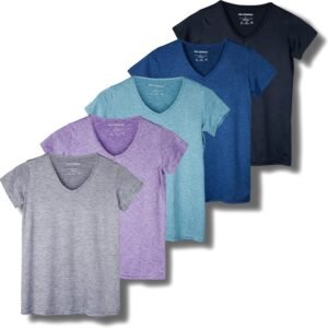 Real Essentials 5 Pack: Women's Short Sleeve V-Neck Activewear T-Shirt Dry-Fit W...